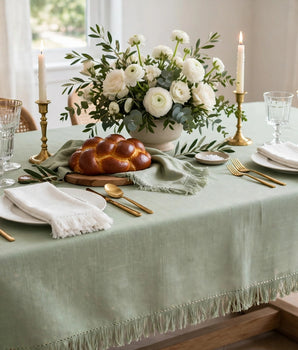 SAGE FRINGE EDGE LINEN LOOK TABLECLOTH 54X72