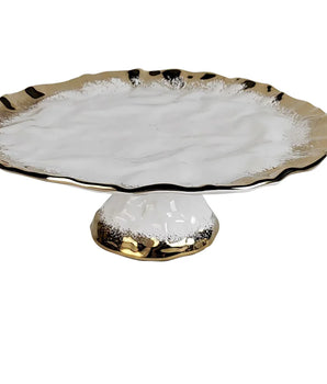 WHITE POTCELAIN CAKE STAND W/ GOLD EDGE WCP4008