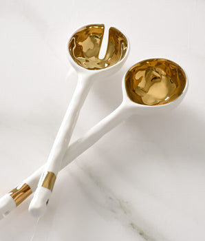 Porcelain Salad Server Set White - Gold CER-2632-WG
