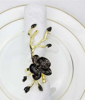 GOLD BRANCH BLACK FLOWER NAPKIN RING