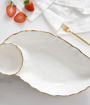 CHIP & DIP LEAF BOWL WHITE W/ GOLD RIM POR0026WG