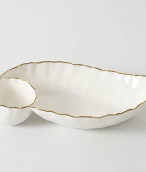 CHIP & DIP LEAF BOWL WHITE W/ GOLD RIM POR0026WG