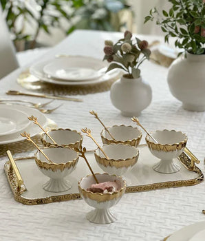 Dessert Mugs W/ Tray White / Gold 6PC J-ICMT-WHT-GD