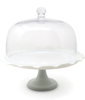WHITE SCALLOPED CAKE STAND W/ GLASS DOME VCD3902