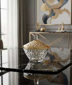 GLASS JAR W/DIAMOND CUT AMBER COVER VGJ5502