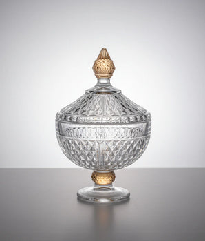 FOOTED GLASS JAR WITH DIAMOND CUT AMBER VGJ5602