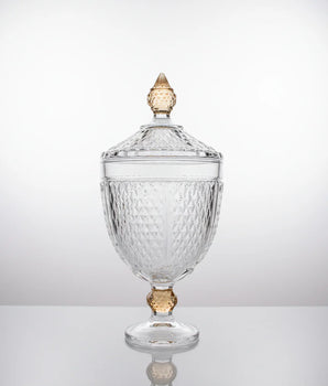 LARGE FOOTED GLASS JAR W/DIAMOND CUT AMBER VGJ5702