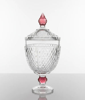 LARGE FOOTED GLASS JARW/DIAMOND CUT PINK VGJ5704