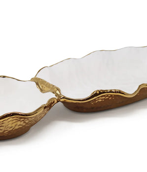 White Hammered 2 Section Relish Dish W/ Gold Scalloped Edge VRD4612