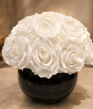 PRESERVED WHITE ROSE BALL BLACK VASE SMALL PWRBBVS