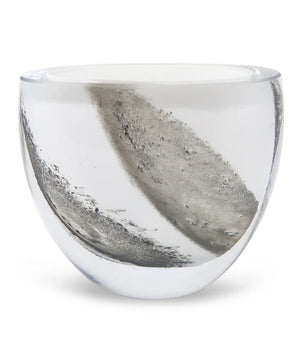 WHITE GLASS SHALLOW VASE W/ BLACK STOKES VMV5000