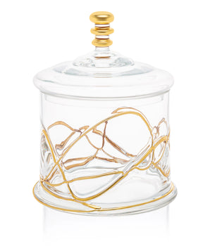 SM. GLASS JAR W/LID GOLD SWIRL DESIGN CSJG390